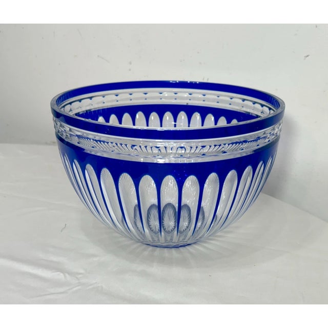 Blue Vintage Bohemian Czech Centerpiece Cobalt Blue Cut to Clear Glass Crystal Bowl For Sale - Image 8 of 9