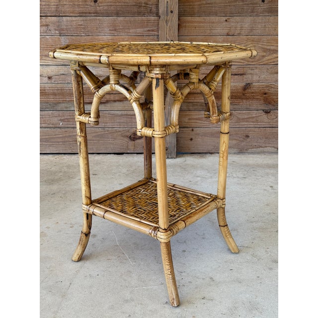 Wood Vintage Coastal Rattan Fretwork Side Table With Woven Shelves For Sale - Image 7 of 12