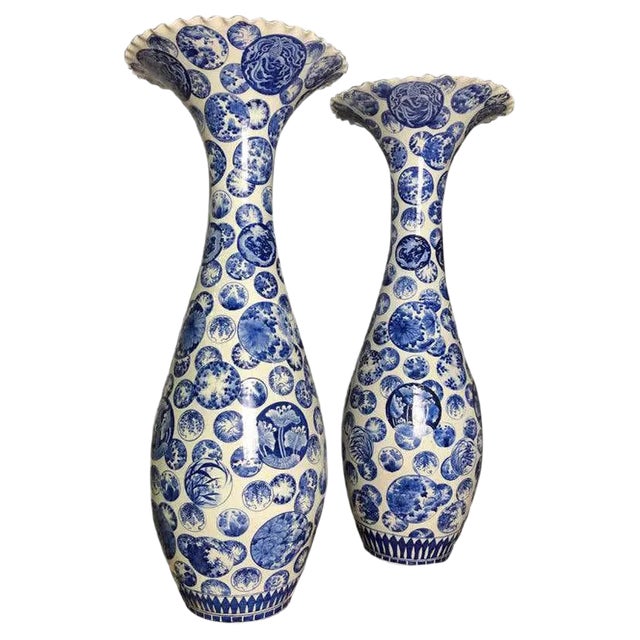 Large Japanese Decorative Blue and White Porcelain Vases, Set of 2 For Sale
