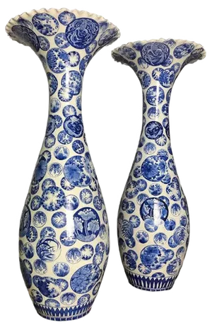 Large Japanese Decorative Blue and White Porcelain Vases, Set of 2
