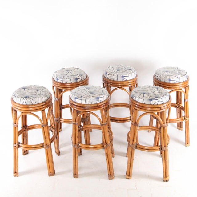 Rattan Stools with Seat Cushions, 1970s, Set of 6 For Sale - Image 9 of 11