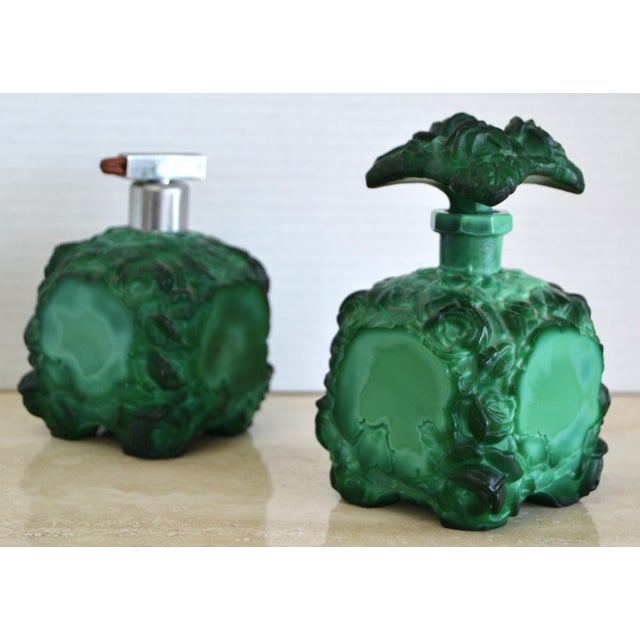 1930s 1935 Boho Chic Czech Schlevogt Ingrid Malachite Glass Scent Perfume Bottles, Set of 2 For Sale - Image 5 of 12