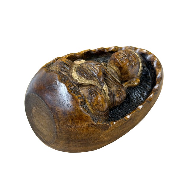 Wood Vintage Oval Egg Shape Wood Relief Carved Buddha Meditation Figure For Sale - Image 7 of 8