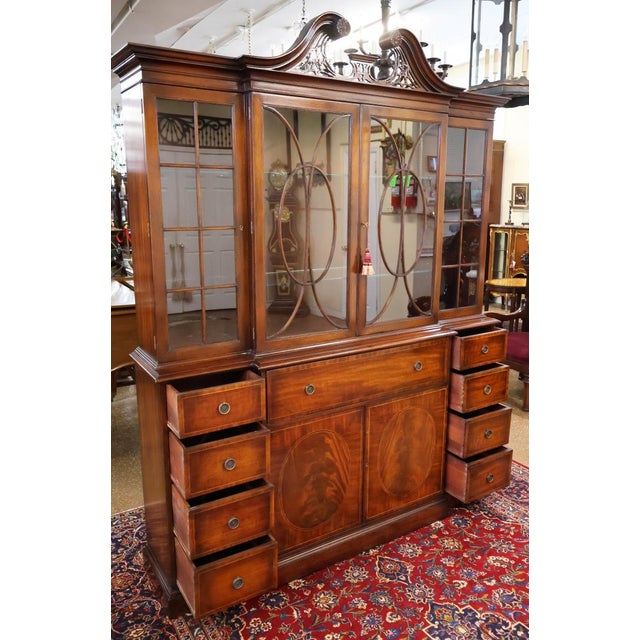 Grosfeld House Mid 20th Century Grosfeld House Flame Mahogany Inlaid China Cabinet Bookcase Breakfront For Sale - Image 4 of 18