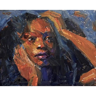 Constantly Waiting by Clyde Steadman | Oil Painting of a woman with hands on her face For Sale