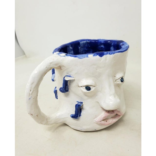 2010s Handcrafted Decorative Mug - Faces on 2 Sides - Blue Eyes and Green Eyes - Ooak For Sale - Image 14 of 18