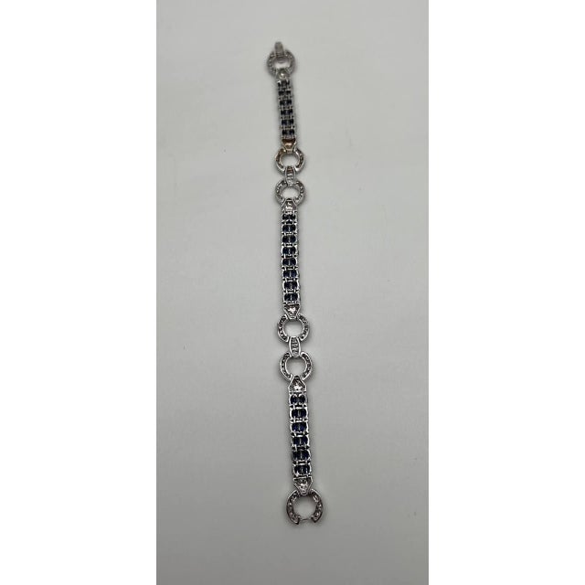 Blue Sapphire Tennis Line Diamond Pave Statement Unique 14k White Gold Bracelet For Sale In Washington DC - Image 6 of 12