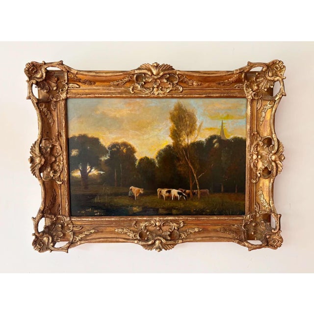 Cows at Sunset Pastoral Landscape, Oil Painting on Wood Panel, Framed For Sale - Image 9 of 9