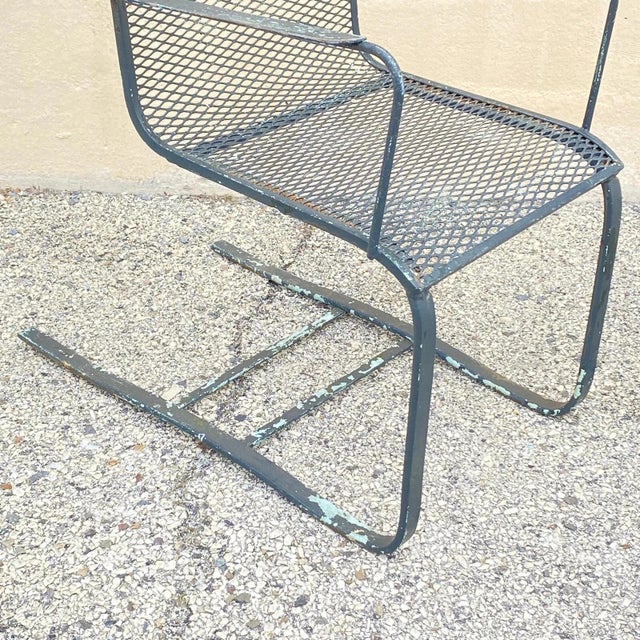 Metal Mid 20th Century Modern Wrought Iron Metal Mesh Cantilever Garden Patio Chair - Pair For Sale - Image 7 of 10