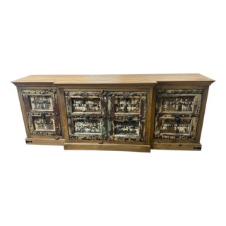 1970s Farmhouse Style Distressed Painted 4 Door Solid Wood Sideboard - 96" Long | Rustic Credenza | Large Storage Buffet Cabinet For Sale