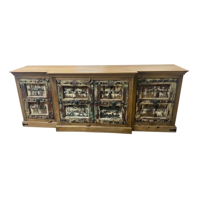 1970s Farmhouse Style Distressed Painted 4 Door Solid Wood Sideboard - 96" Long | Rustic Credenza | Large Storage Buffet Cabinet For Sale