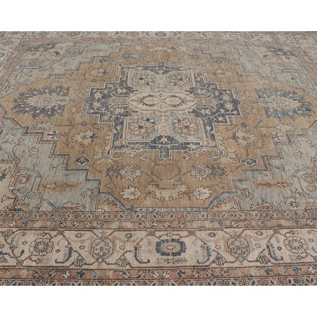 Early 21st Century Large Serapi Design Rug With Camel Field and Blue Medallion Pattern 12'3"x14'7" For Sale - Image 5 of 17