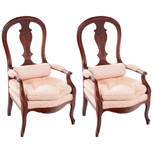 Circa 1860 Red Lacquered French Arm Chairs, a Pair For Sale - Image 11 of 11