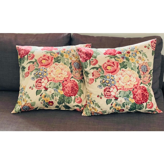 Pair of Floral Peony Chintz Pillows with Duck Feather Inserts For Sale - Image 4 of 5