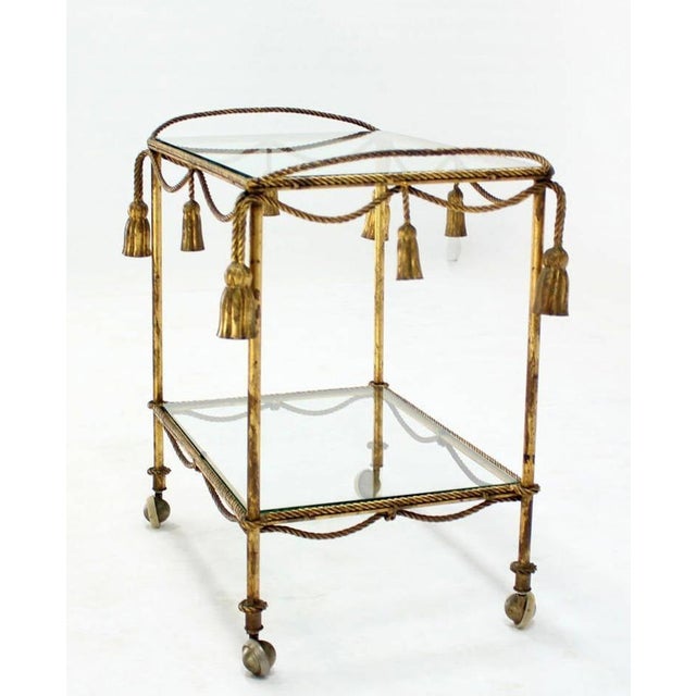 Gold Midcentury Italian Gold Gilt Metal Rope and Tassels Glass Top Bar Tea Cart Wheel For Sale - Image 8 of 10