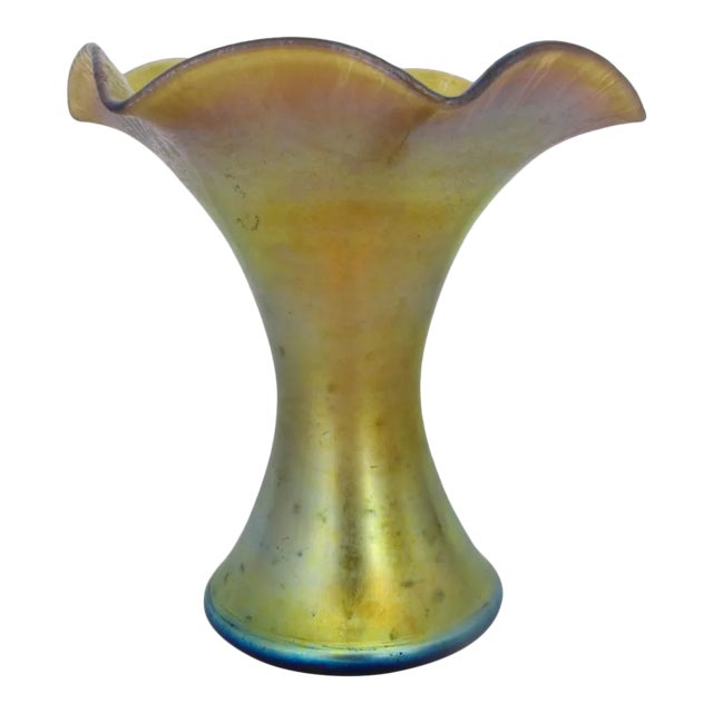 Steuben Aurene 723 Gold Blue Iridescent Ruffle Art Glass Vase For Sale