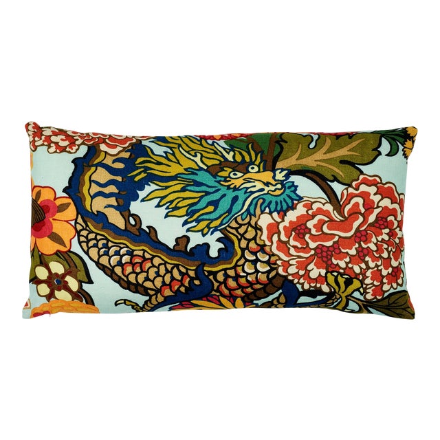 Schumacher Chiang Mai Dragon Lumbar Pillow in Aquamarine For Sale