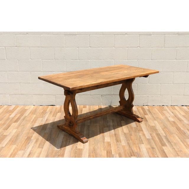Wood Antique American Oak & Cherry Trestle Dining Table, c.1930s | Rustic Farmhouse Kitchen Table With Solid Wood Construction For Sale - Image 7 of 18