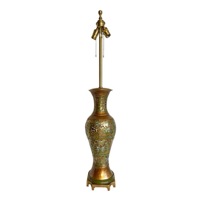 Mid 20th Century Asian Champleve Cloissone Tall Brass Lamp Made by Marbro For Sale
