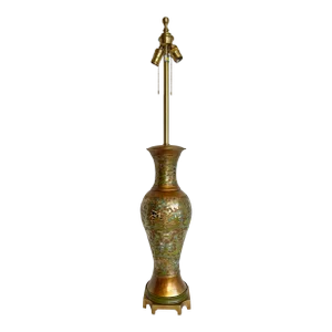 Mid 20th Century Asian Champleve Cloissone Tall Brass Lamp Made by Marbro
