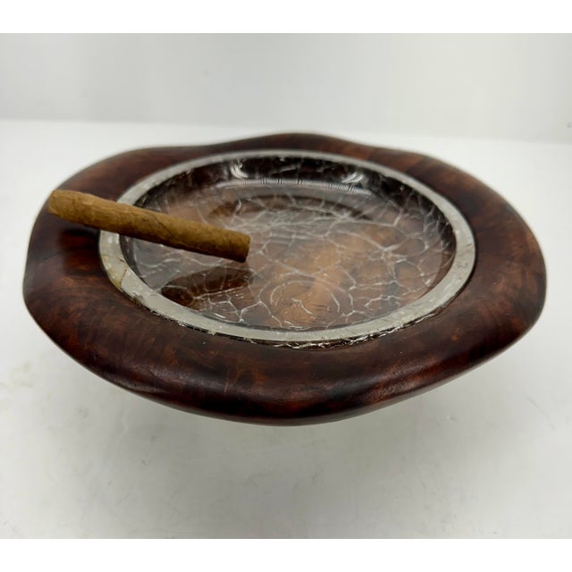 Wood Vintage Spanish Cigar Ashtray in Wood and Crackle Glass For Sale - Image 7 of 12
