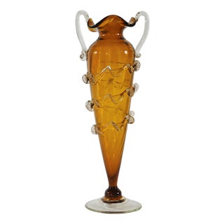 Mid-Century Modern Two-Handled Amber Murano Glass Vase, Italy, 1950s For Sale