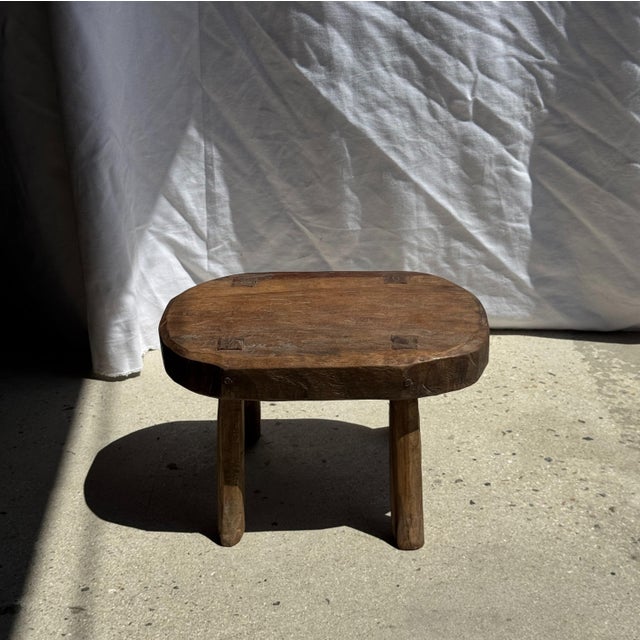 Brown Small Wabi-Sabi Oval Teak Occasional Stool For Sale - Image 8 of 18