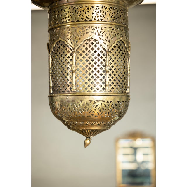 Gold Indian Pierced Brass Hanging Decorative Lantern with Moorish Arch Motifs For Sale - Image 8 of 18