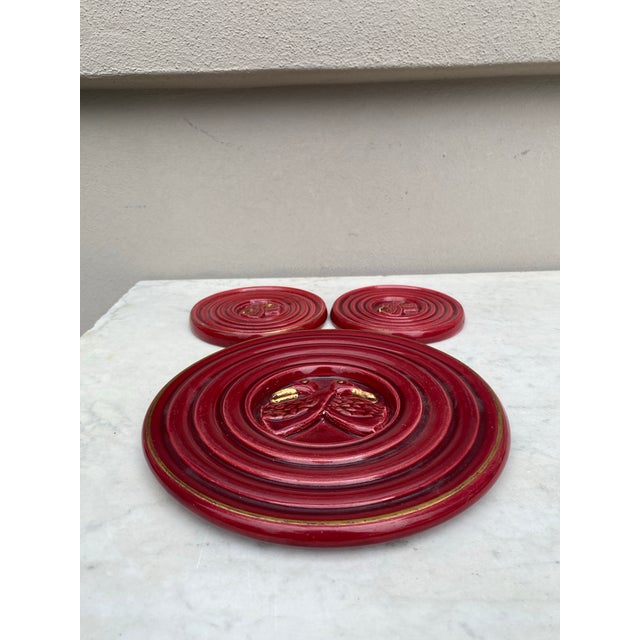 Mid-Century Modern Set of Red Majolica Trivet & Wine Coasters Vallauris, Circa 1950 For Sale - Image 3 of 5