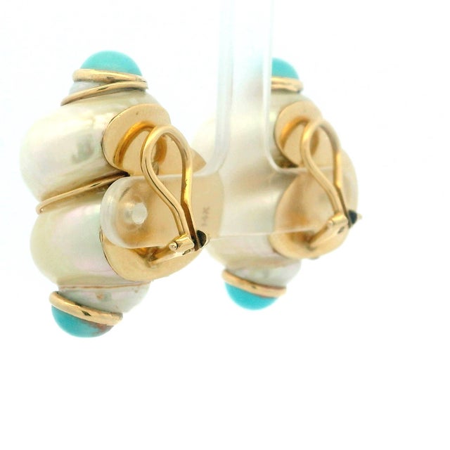 Vintage Maz Jumbo 14k Gold Shell and Turquoise Cabochon Earrings, A Pair For Sale - Image 9 of 11
