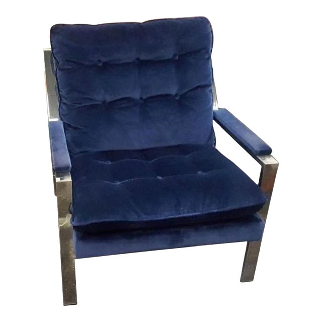 Vintage 1970s Chrome Blue Velvet Lounge Chair in the Style of Cy Mann Milo Baughman For Sale