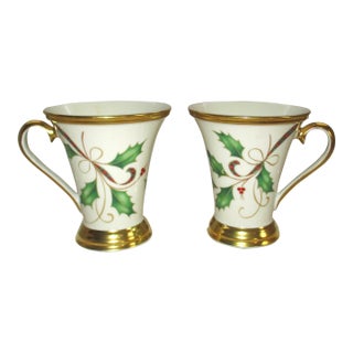 Pair of Lenox Holiday Nouveau Gold Trim Christmas Holly Accent Mugs For Sale