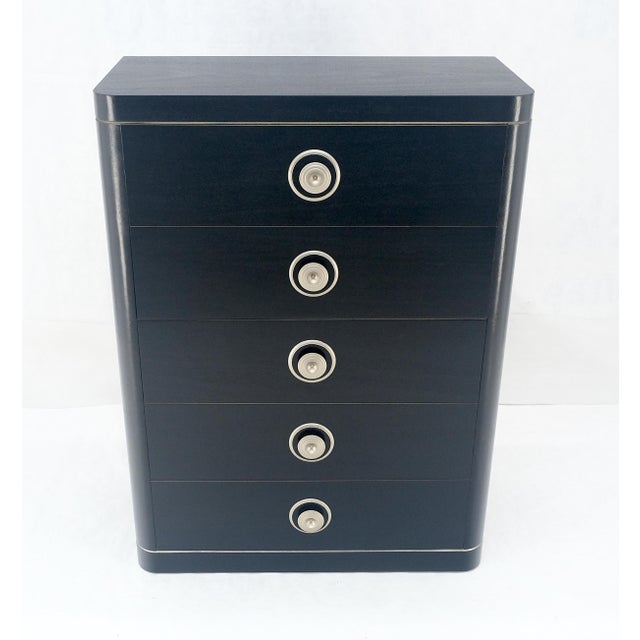 Black Lacquer & Silver 5 Drawers Art Deco Tall Chest Dresser MINT For Sale - Image 15 of 18