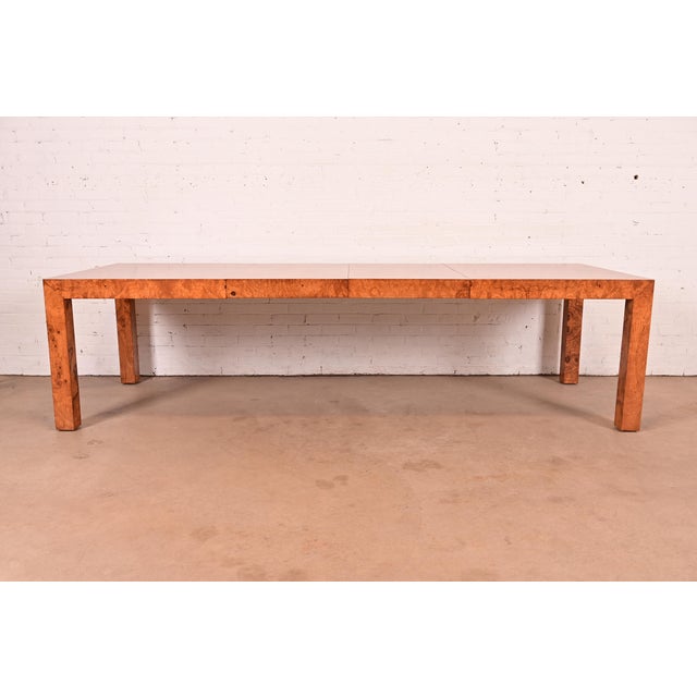 Mid-Century Modern Milo Baughman for Thayer Coggin Mid-Century Modern Burl Wood Parsons Extension Dining Table, Newly Refinished For Sale - Image 3 of 15