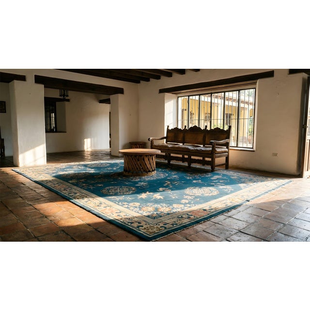 Wonderful Blue and Beige Color With Unique Florid Design Antique Chinese Peking Rug For Sale - Image 9 of 9