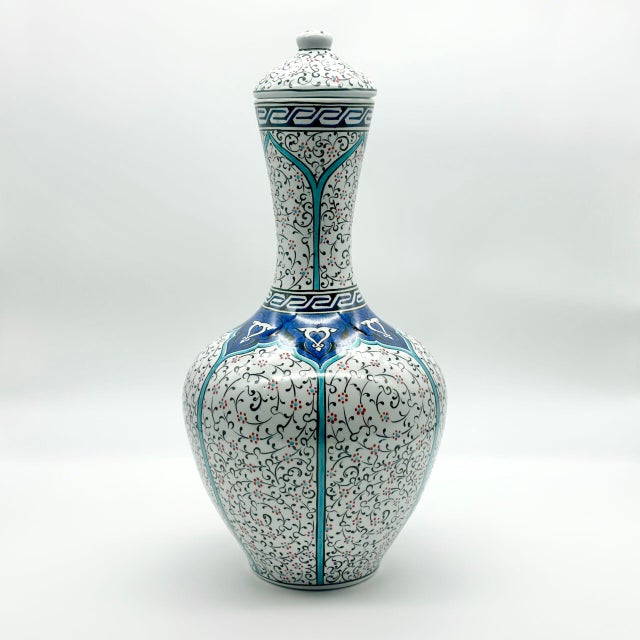 2020s Handmade Ceramic Lidded Vase (30cm) Traditional Ottoman “Golden Horn” (Haliç) Style with Turquoise Bands – Decorative Art Object For Sale - Image 5 of 9