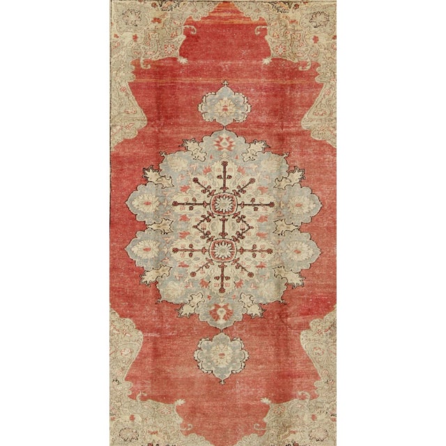 Turkish Classic Antique Sivas Rug Turkish in Medallion Design With Coral Red Field & Light Green For Sale - Image 3 of 11