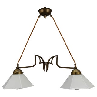 Art Nouveau Brass and White Glass Two-Light Pendant Chandelier, 1950s For Sale