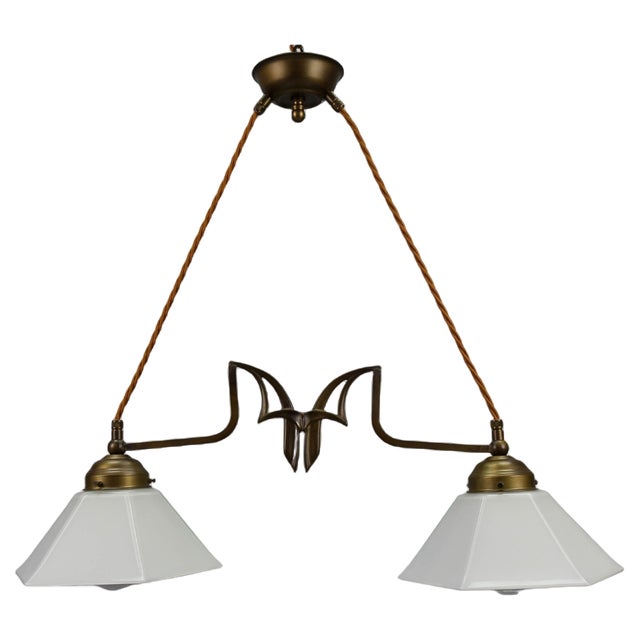 Art Nouveau Brass and White Glass Two-Light Pendant Chandelier, 1950s For Sale