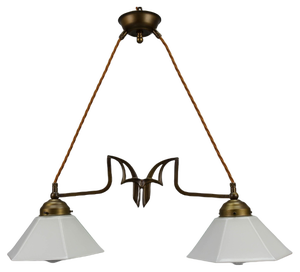 Art Nouveau Brass and White Glass Two-Light Pendant Chandelier, 1950s