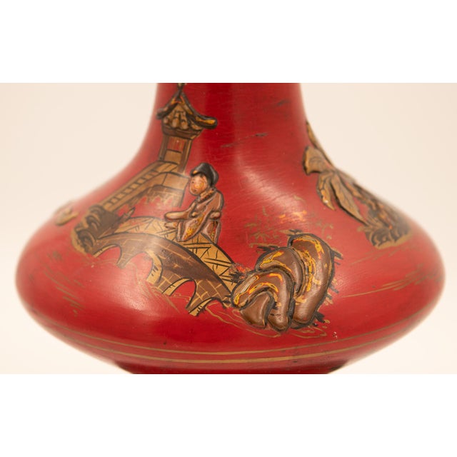 1960s 1960s Cinnabar Red Chinoiserie Table Lamps With Brass Fretwork Finials - a Pair For Sale - Image 5 of 16