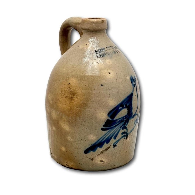 Ceramic Hard 2 Find Small 1 Gallon Size Antique American Blue Bird Decorated Stoneware Jug by Haxton Ottman New York For Sale - Image 7 of 18