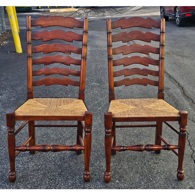 Late 20th Century Set of Six English Oak Faux Bamboo Mahogany Six-Splat Ladder Back Chairs With Rush Seats For Sale - Image 10 of 13