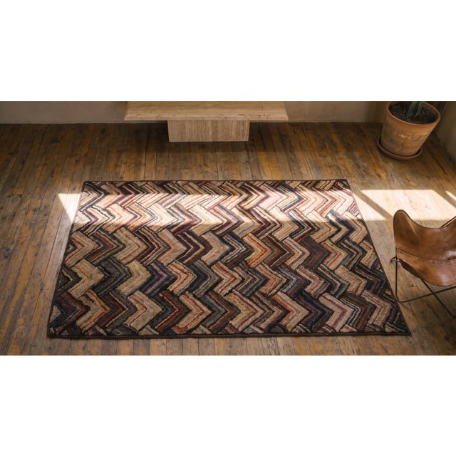 1920s Multi Brown Zig Zag Folk Art Antique American Hooked Rug 2' 7'' X 4' 6'' Handwoven Wool Carpet For Sale - Image 16 of 16