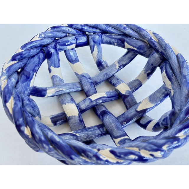 Late 20th Century Vintage Blue White Ceramic Pottery Basket Weave Bowl For Sale - Image 5 of 9