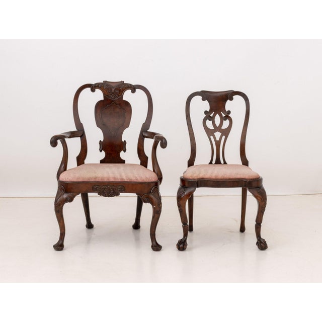 Associated Pair of Queen Anne Style Mahogany Chairs, one armchair and one side chair on cabriole legs terminating in ball...