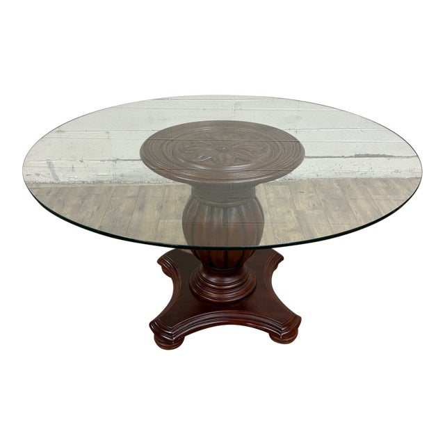 Glass Top Floral Carved 54 Inch Round Top Pedestal Dining Table With Fluted Base For Sale