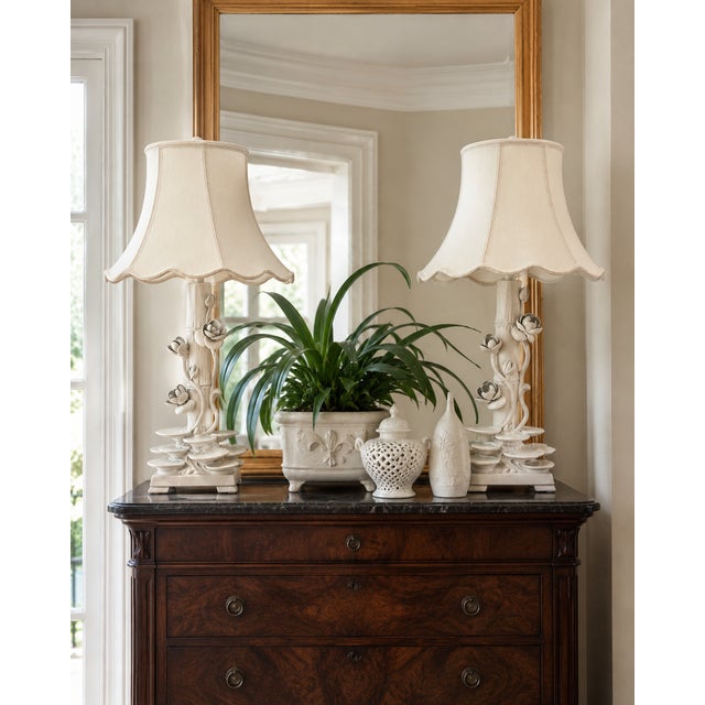 Mid 20th Century Mid 20th Century Italian Ceramic Faux Bamboo & Lotus Flower Table Lamps - A Pair For Sale - Image 5 of 17