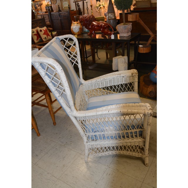 Vintage White Wicker Wing Back Arm Chair W/ Blue Cushions & Coil Sprung Seat For Sale - Image 9 of 18