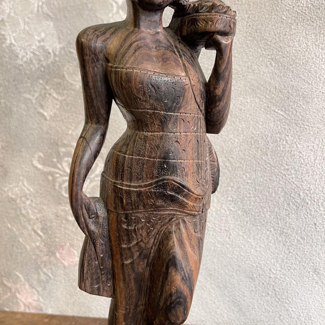 Wood Sculpture Depicting a Balinese Woman on Hand-Carved Mahogany, 1960s For Sale - Image 7 of 9